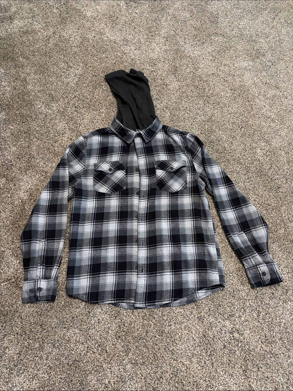 Boys Sonoma Black & Gray Plaid Button-Down Shirt with Hood Size Size Large 12/14